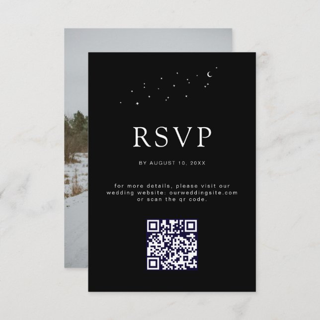 Elegant Celestial Black QR Code Wedding Photo RSVP Card (Front/Back)
