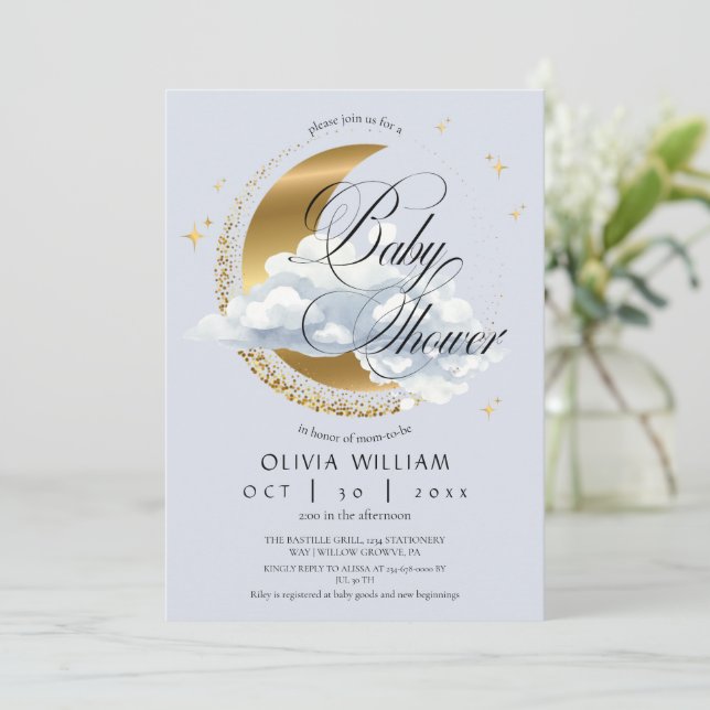 Elegant Celestial Blue Script Baby Shower  Invitation (Standing Front)
