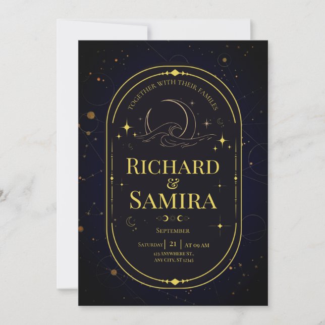 Elegant Celestial Gold Moon Dark Blue Wedding Invitation (Front)