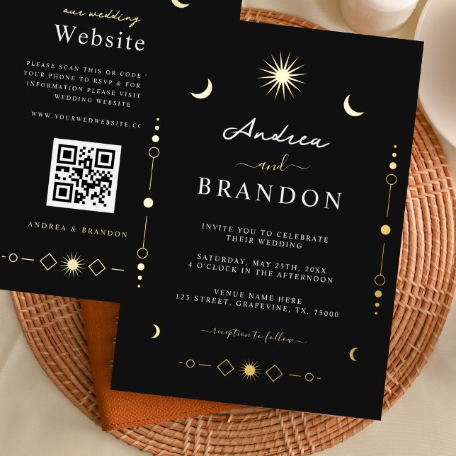 Elegant Celestial Gold Moon & Sun QR Code Wedding (Creator Uploaded)