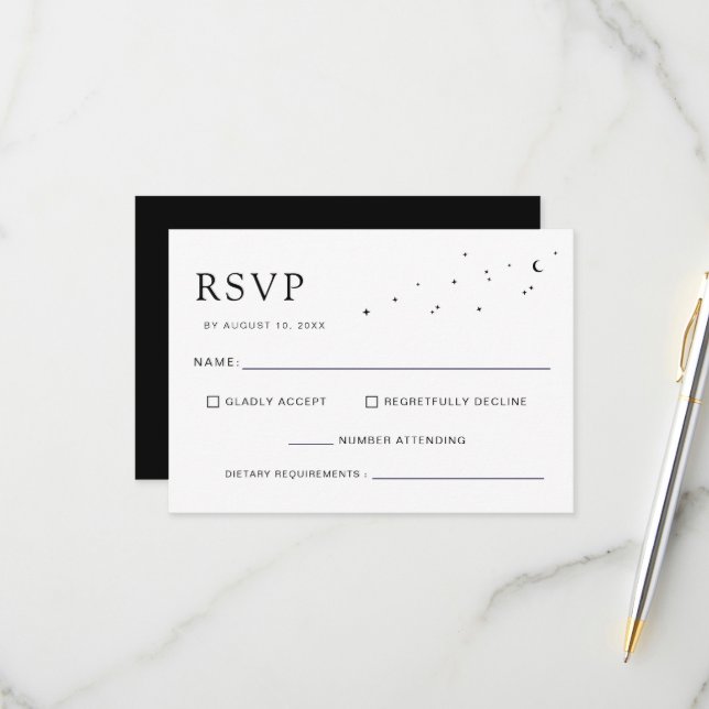 Elegant Celestial Minimal Black Monogram Wedding RSVP Card (Front/Back In Situ)