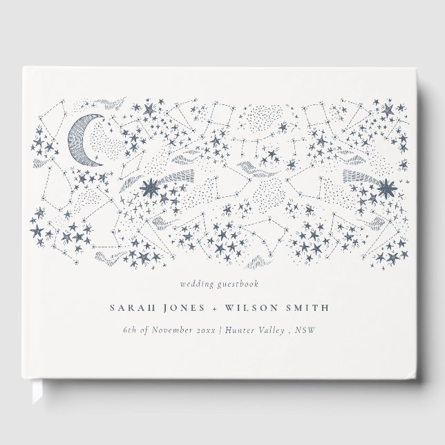 Elegant Celestial Navy Starry Night Moon Wedding Guest Book (Front)