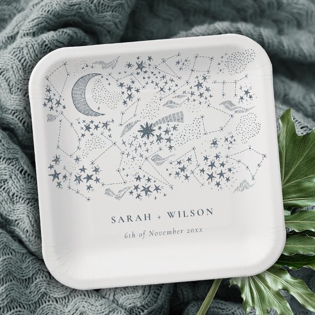 Elegant Celestial Navy Starry Night Moon Wedding Paper Plate (Creator Uploaded)