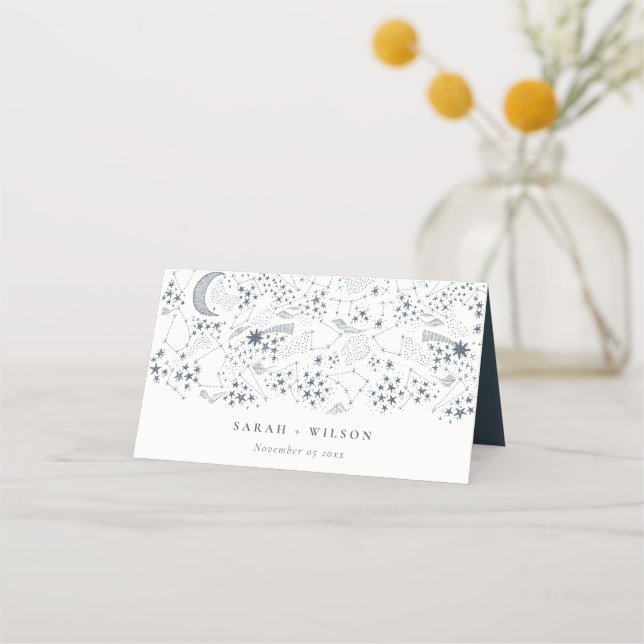 Elegant Celestial Navy Starry Night Moon Wedding Place Card (Front)
