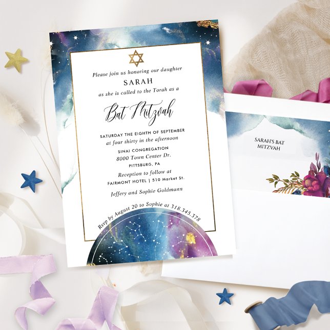 Elegant Celestial Watercolor Bat Mitzvah  Invitation (Creator Uploaded)
