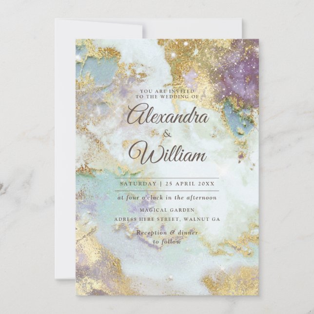 Elegant Celestial Watercolor Modern Gold Wedding Invitation (Front)
