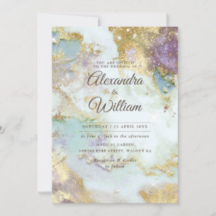 Elegant Celestial Watercolor Modern Gold Wedding Invitation