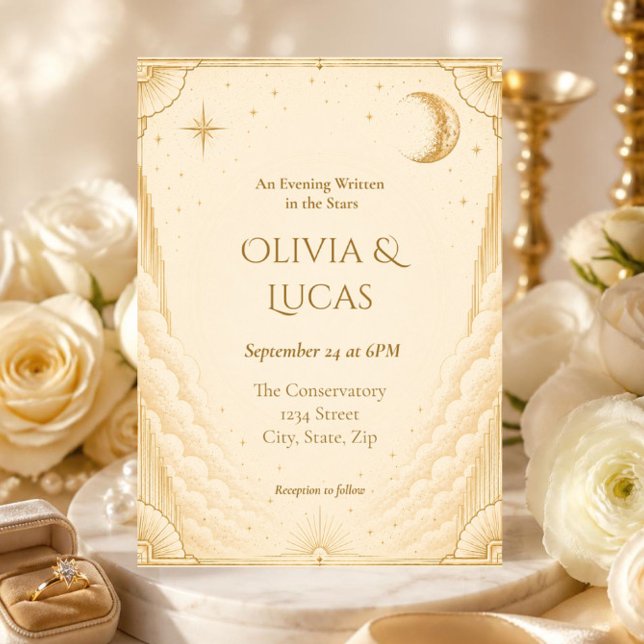 Elegant Celestial Wedding Invitation | Art Deco (Elegant celestial wedding invitation with gold Art Deco moon and stars.)