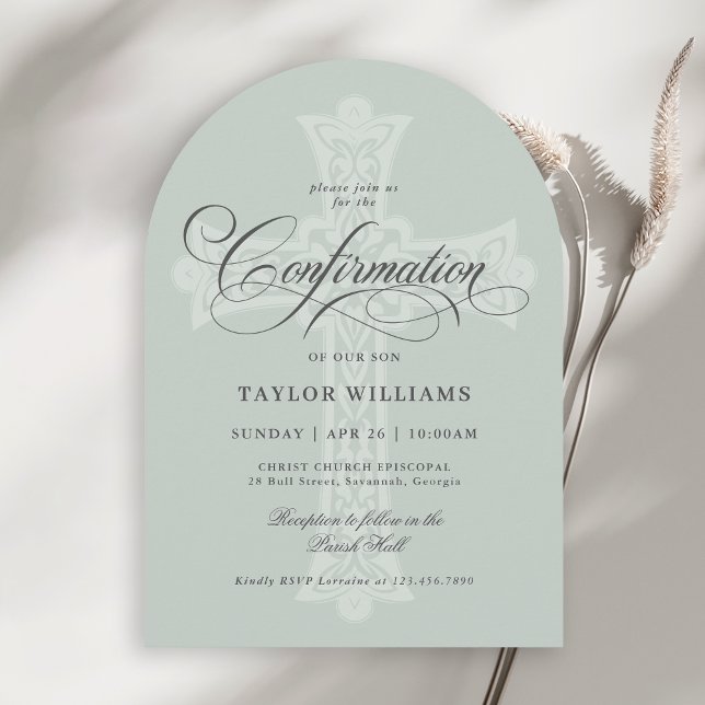 Elegant Celtic Cross Sage Religious Confirmation Invitation (Available in both printed and instant download digital formats.)