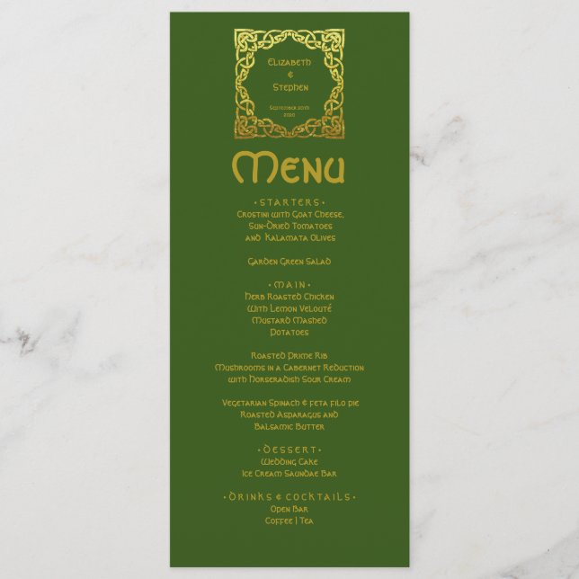 Elegant Celtic Wedding Green Faux Gold Celtic Knot Menu (Front)