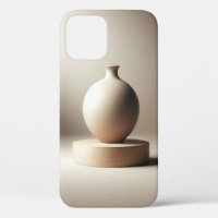 Elegant Ceramic Vase on Round Wood Base Minimalist