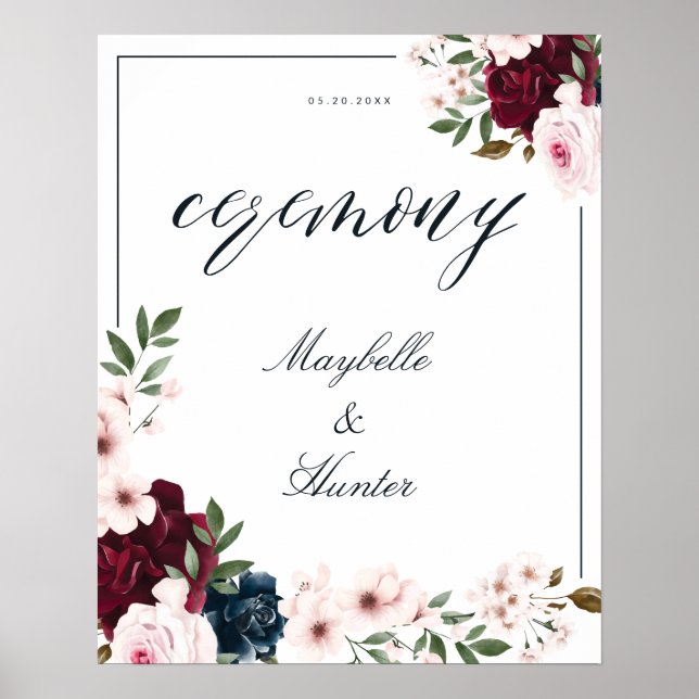 Elegant Ceremony Watercolor Burgundy Navy Floral Poster (Front)