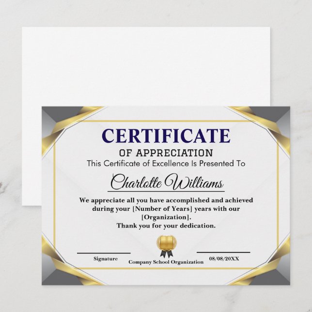 Elegant Certificate of Appreciation Award Template (Front/Back)