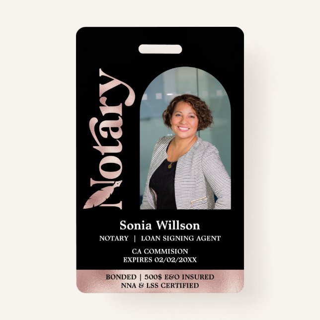 Elegant Certified Notary Public Loan Signing Agent ID Badge (Front)