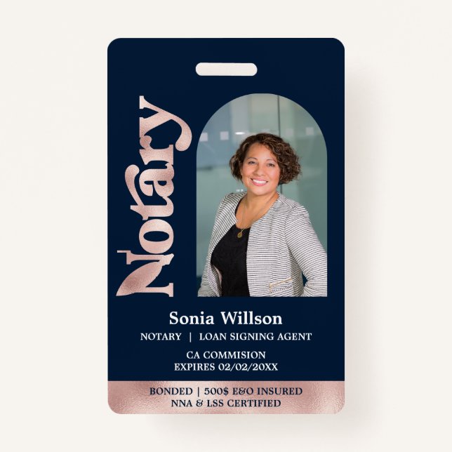 Elegant Certified Notary Public Loan Signing Agent ID Badge (Front)