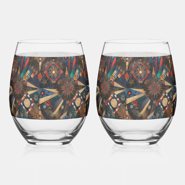 Elegant Cerulean "Ancient Indigenous Chronicles" 1 Stemless Wine Glass (Front)