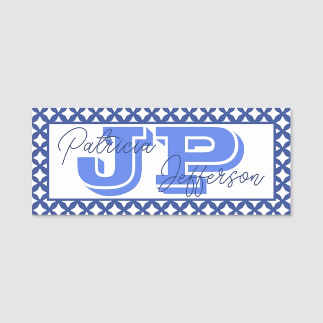 Elegant Cerulean Blue Mesh Unique Monogram Name Tag (Front)