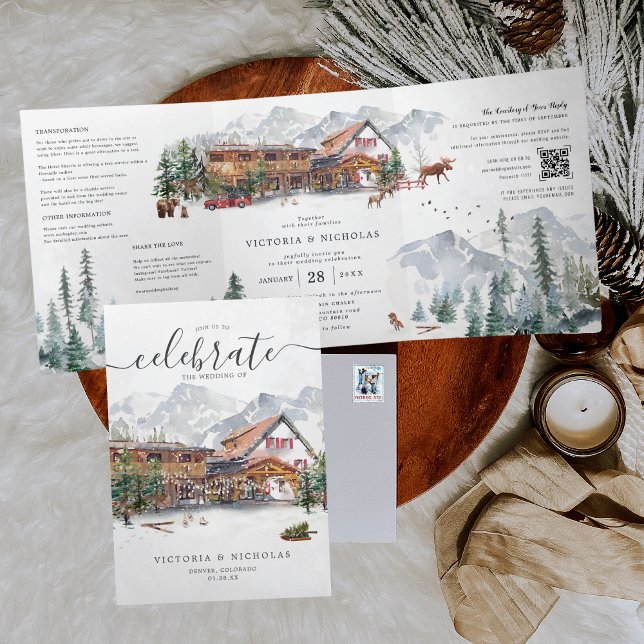 Élégant Chalet de ski de montagne d'hiver Mariage Tri-Fold Invitation (Creator Uploaded)