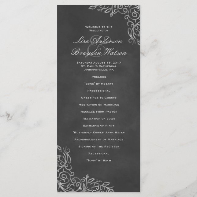 Elegant Chalkboard Filigree Wedding Program Programme (Front)