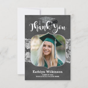 Elegant Chalkboard Lace Photo Graduation Thank You Invitation
