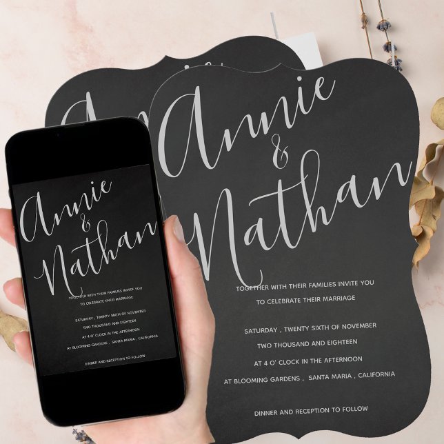 Elegant Chalkboard Minimalist Black White Wedding Invitation (Minimalist Cute Chalkboard Elegant Script Wedding Invitation)
