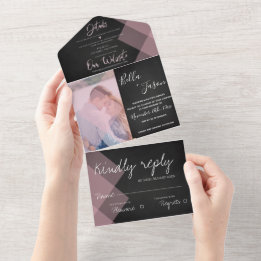 Elegant Chalkboard Pastel Monogram Photo Wedding All In One Invitation