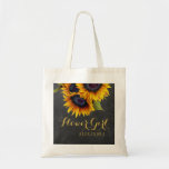 Elegant chalkboard sunflowers wedding bridesmaid tote bag<br><div class="desc">Rustic elegant summer or autumn fall wedding stylish bridesmaid / maid of honour / flower girl/ mother of the bride or mother of the groom tote bag on dark grey chalkboard featuring a beautiful sunflowers bouquet with custom text. Fill in your information in the spots, You can choose to customise...</div>