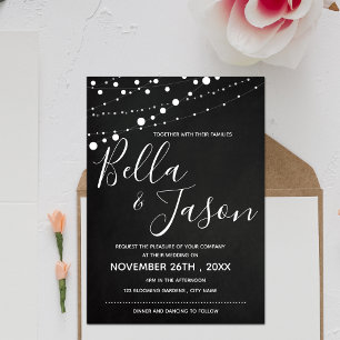 Elegant Chalkboard With String Lights Wedding Invitation