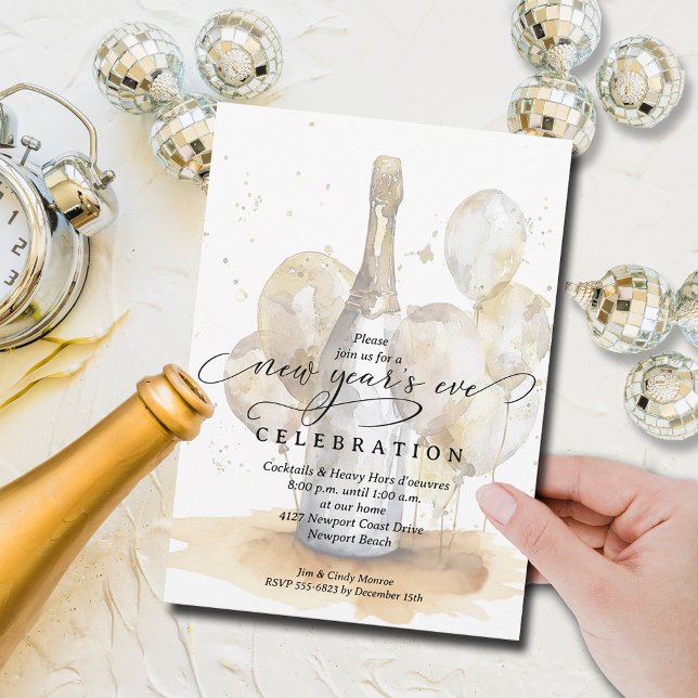 Elegant Champagne and Balloons New Year's Eve Invitation (Champagne bottle and gold balloons New Year's Eve party invitations, PRINTED and/or INSTANT DOWNLOAD)