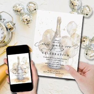 Elegant Champagne and Balloons New Year's Eve Invitation