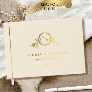 Elegant Champagne and Real Foil Monogram Wedding Guest Book
