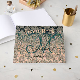 Elegant Champagne And Teal Wedding Theme Monogram Guest Book