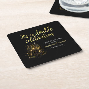 Elegant Champagne Double Celebration Joint Party Square Paper Coaster