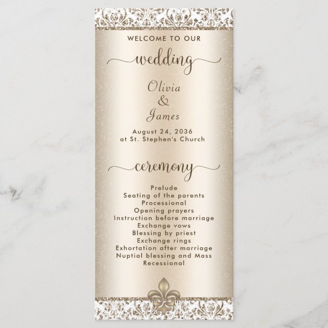 Elegant Champagne Fleur de Lis WEdding Programme (Front)