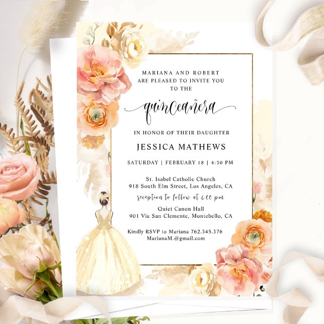 Elegant Champagne Floral Princess Quinceañera  Invitation (Creator Uploaded)