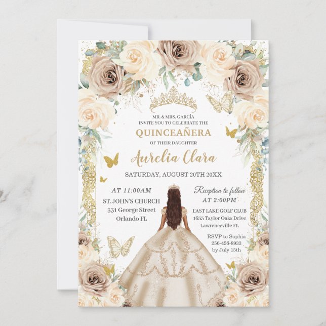 Elegant Champagne Floral Vintage Gold Quinceañera Invitation (Front)