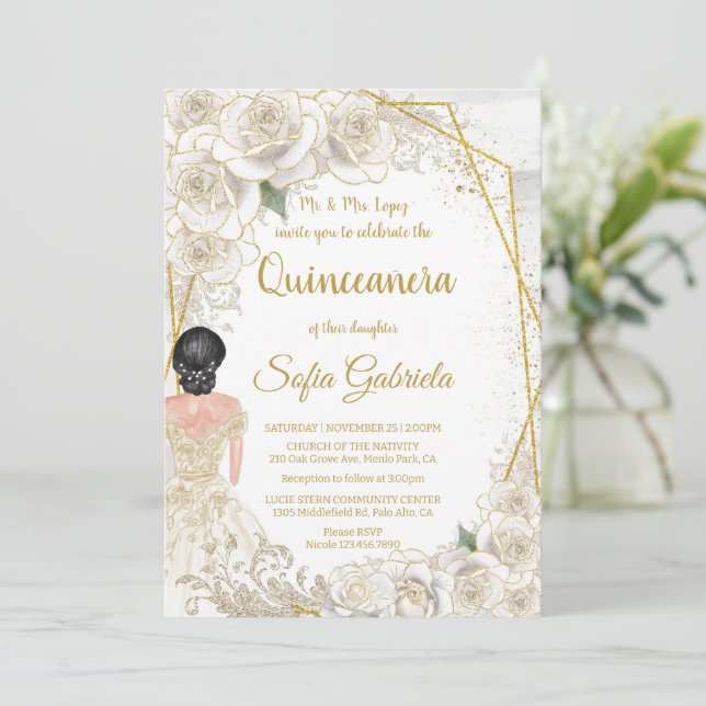 Elegant Champagne Floral Vintage Gold Quinceañera Invitation (Standing Front)