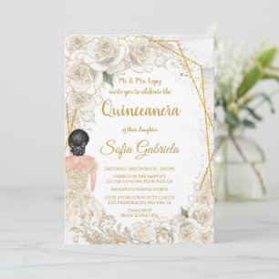 Elegant Champagne Floral Vintage Gold Quinceañera Invitation