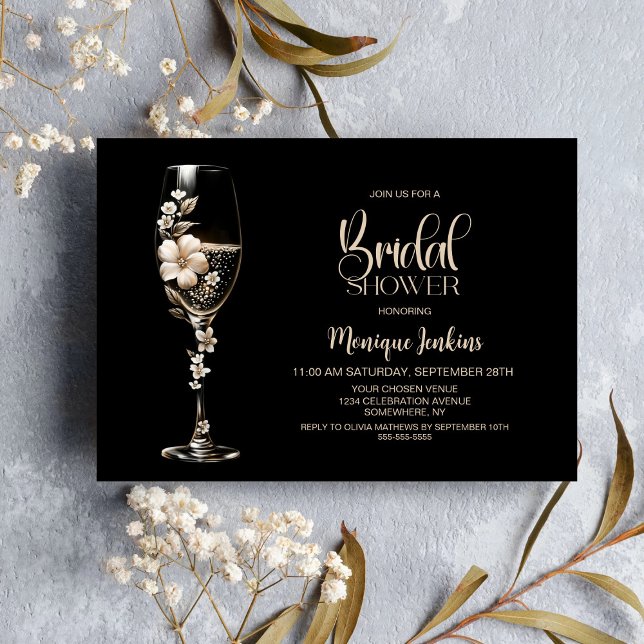 Elegant Champagne Glass Cream Floral Bridal Shower Invitation (Creator Uploaded)