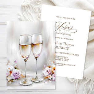Elegant Champagne Glasses 1st Wedding Anniversary Invitation