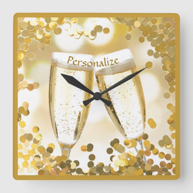 Elegant Champagne Glasses Celebrate Gold Confetti Square Wall Clock (Front)