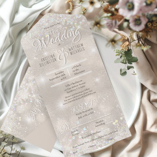 Elegant Champagne Glitter Confetti Wedding All In One Invitation