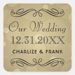 Elegant Champagne Gold and Black Wedding Monogram Square Sticker