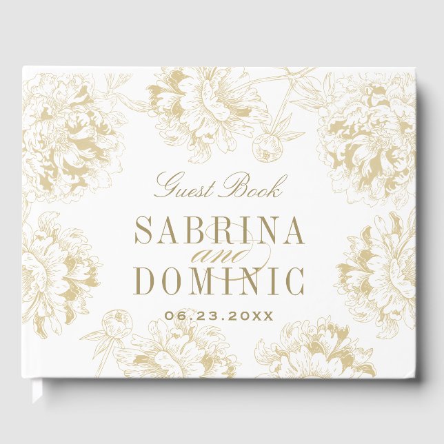 Elegant Champagne Gold Floral Peony Wedding Guest Book (Front)