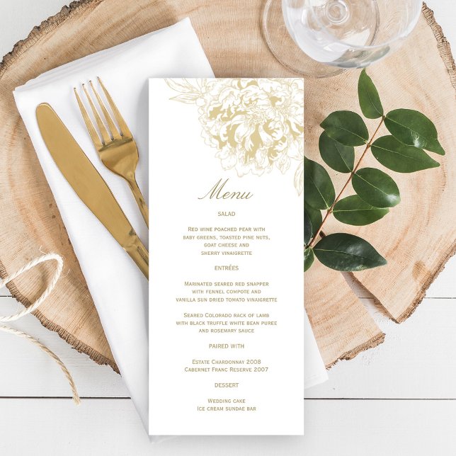 Elegant Champagne Gold Floral Peony Wedding Menu (Creator Uploaded)