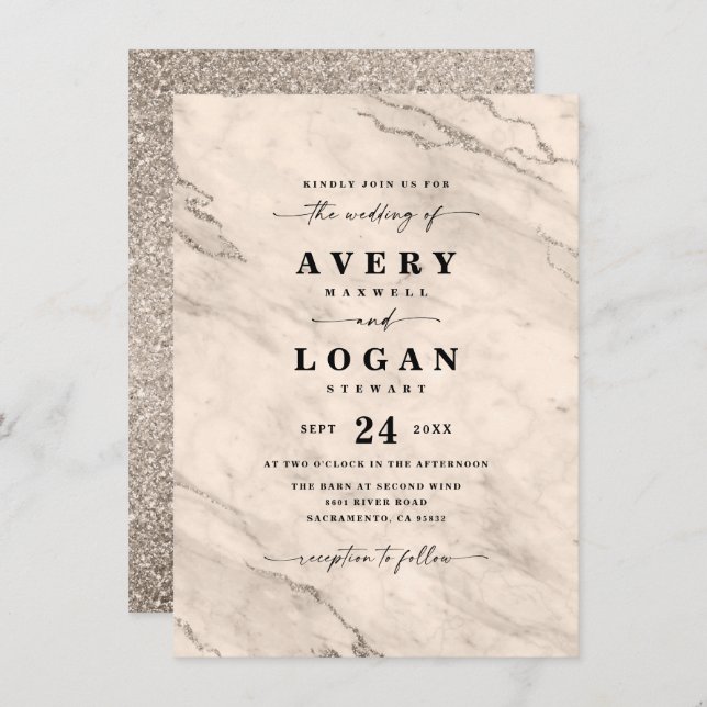 Elegant Champagne Gold Marble & Glitter Wedding Invitation (Front/Back)