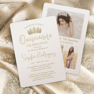 Elegant Champagne & Gold Quinceañera Crown 3 Photo Invitation