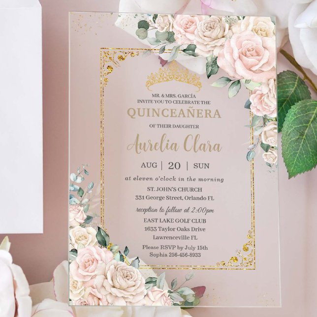 Elegant Champagne Ivory Blush Floral Quinceañera Acrylic Invitations (Creator Uploaded)
