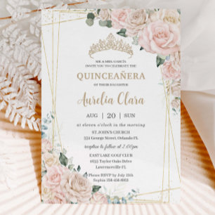 Elegant Champagne Ivory Blush Floral Quinceañera  Invitation