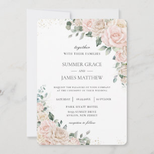 Elegant Champagne Ivory Blush Floral Roses Wedding Invitation